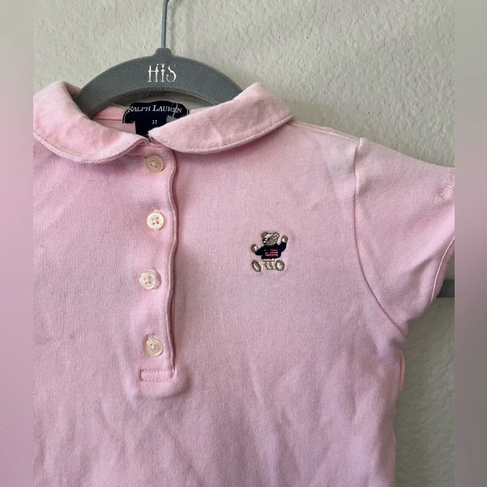 Ralph Lauren Pink Peter Pan Collar Polo Teddy Bear Embroidered Logo Girls 3T